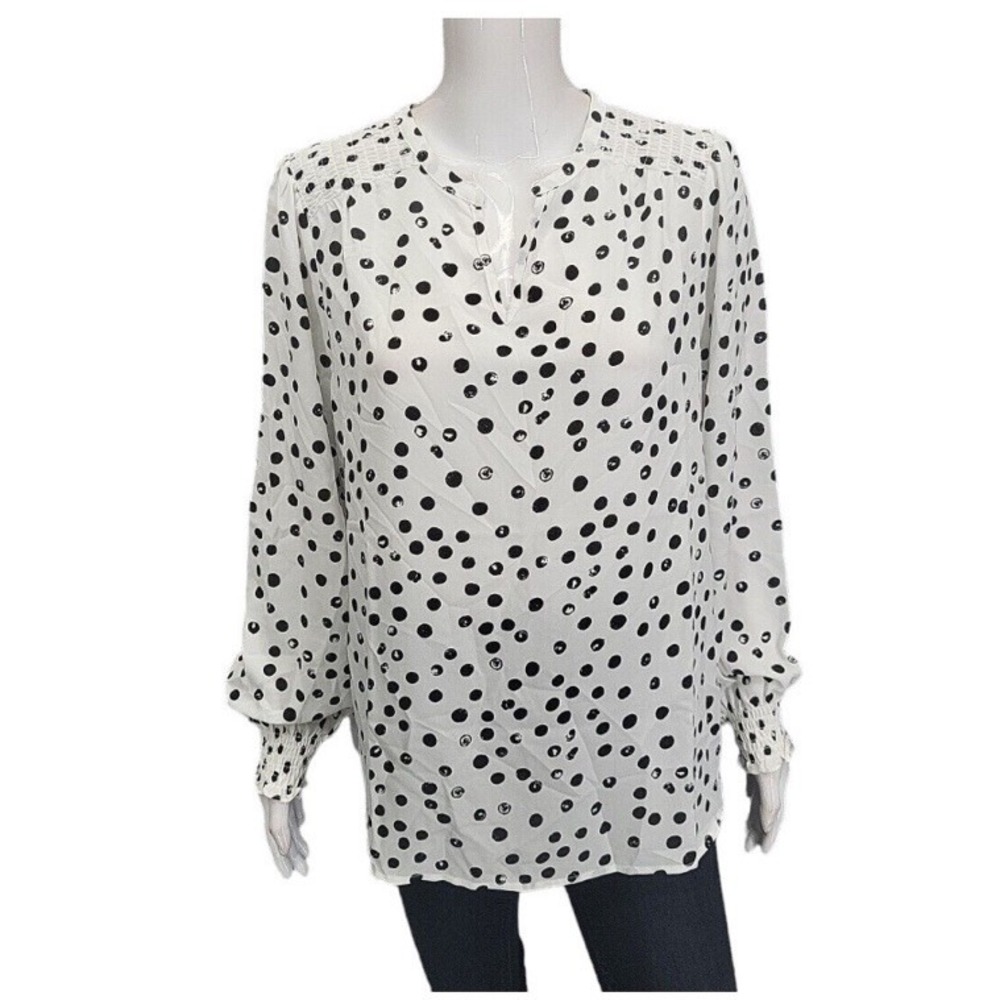 Belle Kim Gravel Top Womens Medium White Polka Dot Smocked Long Slv Popover‎ New